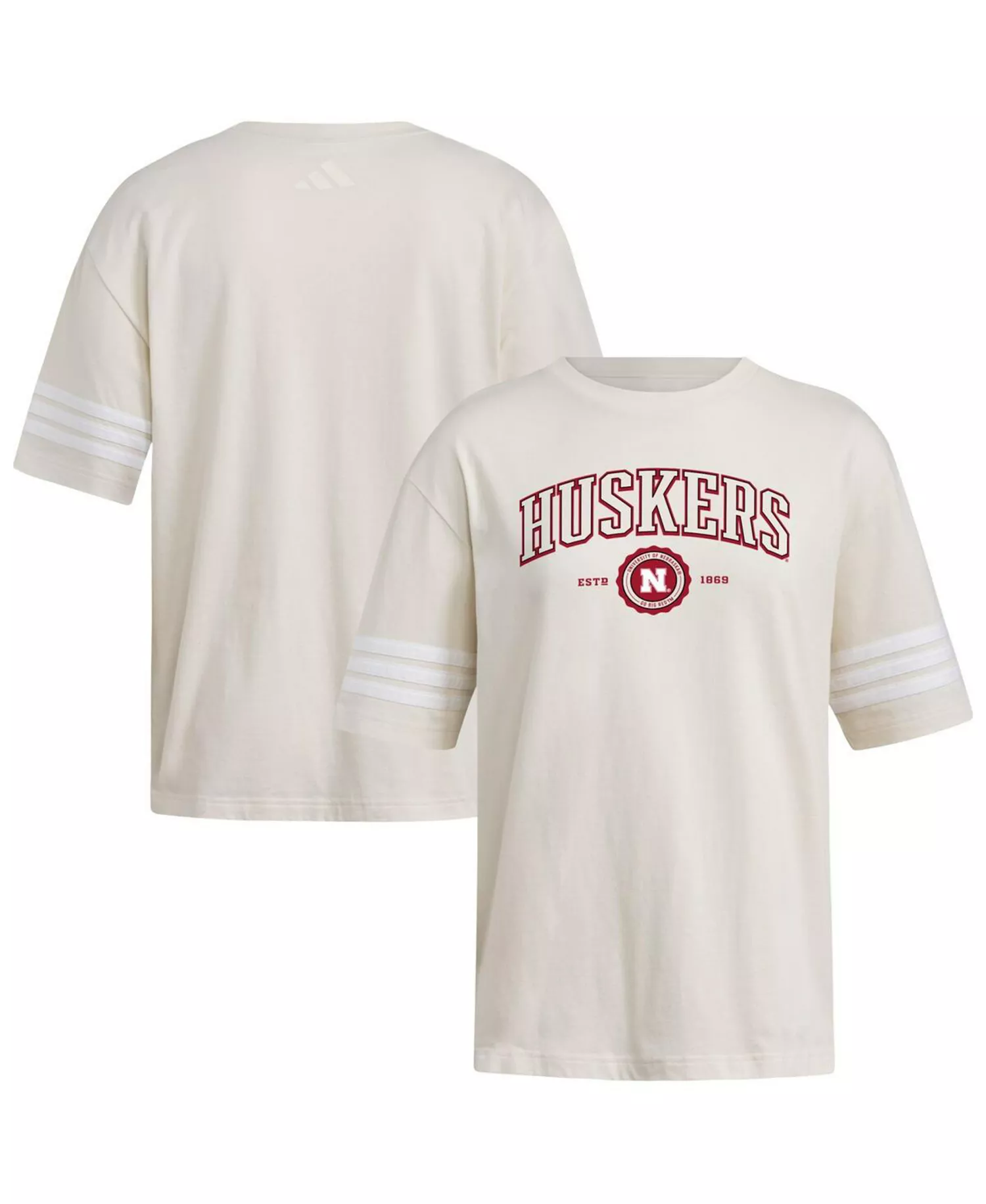 mni-231fd9b652f4eef76f705c95c037fec1 Women's Cream Nebraska Huskers Fashion Three-Stripes Oversized T-Shirt
