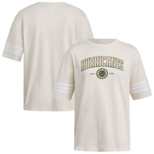 Women's Cream Miami Hurricanes Fashion Three-Stripes Oversized T-Shirt