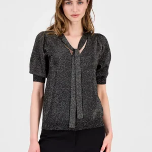 Women's Tie-Neck Elbow-Sleeve Metallic Top