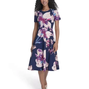 Women's Printed Crew Neck Midi Dress