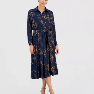 Women's Printed Belted Midi Dress