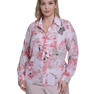 Plus Size Printed Long-Sleeve Ruffle-Front Top