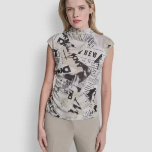 Women's Newspaper-Print Mock Neck Knit Mesh Top