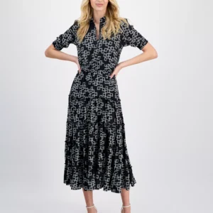 Women's Printed Collared Midi Dress