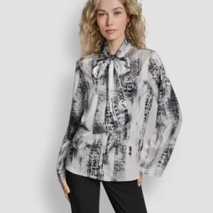 Women's Printed Neck Tie Long Sleeve Blouse