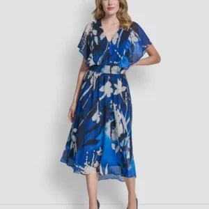 Women's Short Flutter Sleeve V Neck Smocked Waist Floral Midi Dress