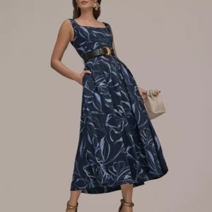 Women's Square Neck Belted A-Line Dress