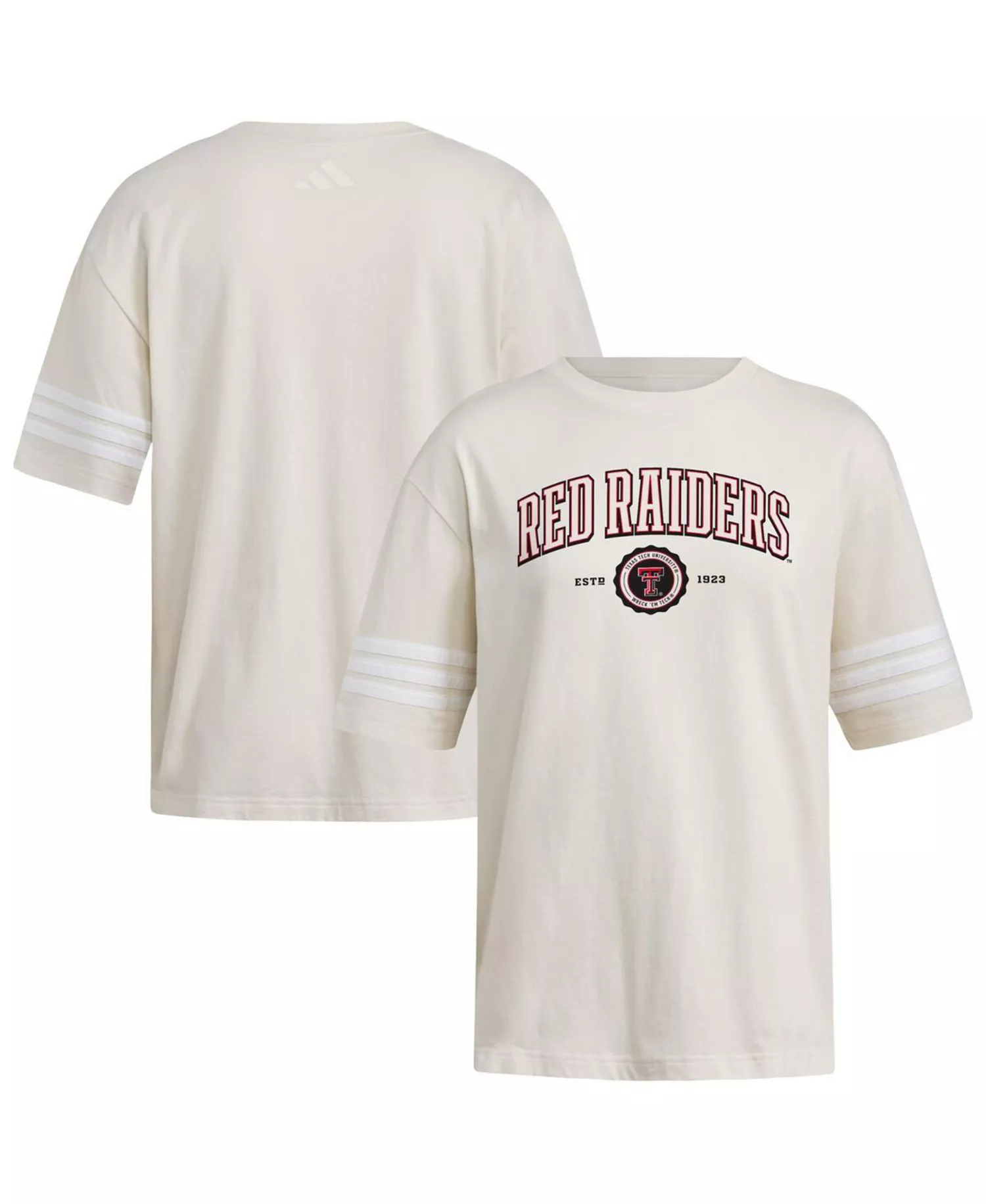 mni-32cfb871f9e2617ecfd3a08cf5cf7b5f Women's Cream Texas Tech Red Raiders Fashion Three-Stripes Oversized T-Shirt