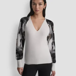 Women's Printed Organza-Sleeve V-Neck Shirt