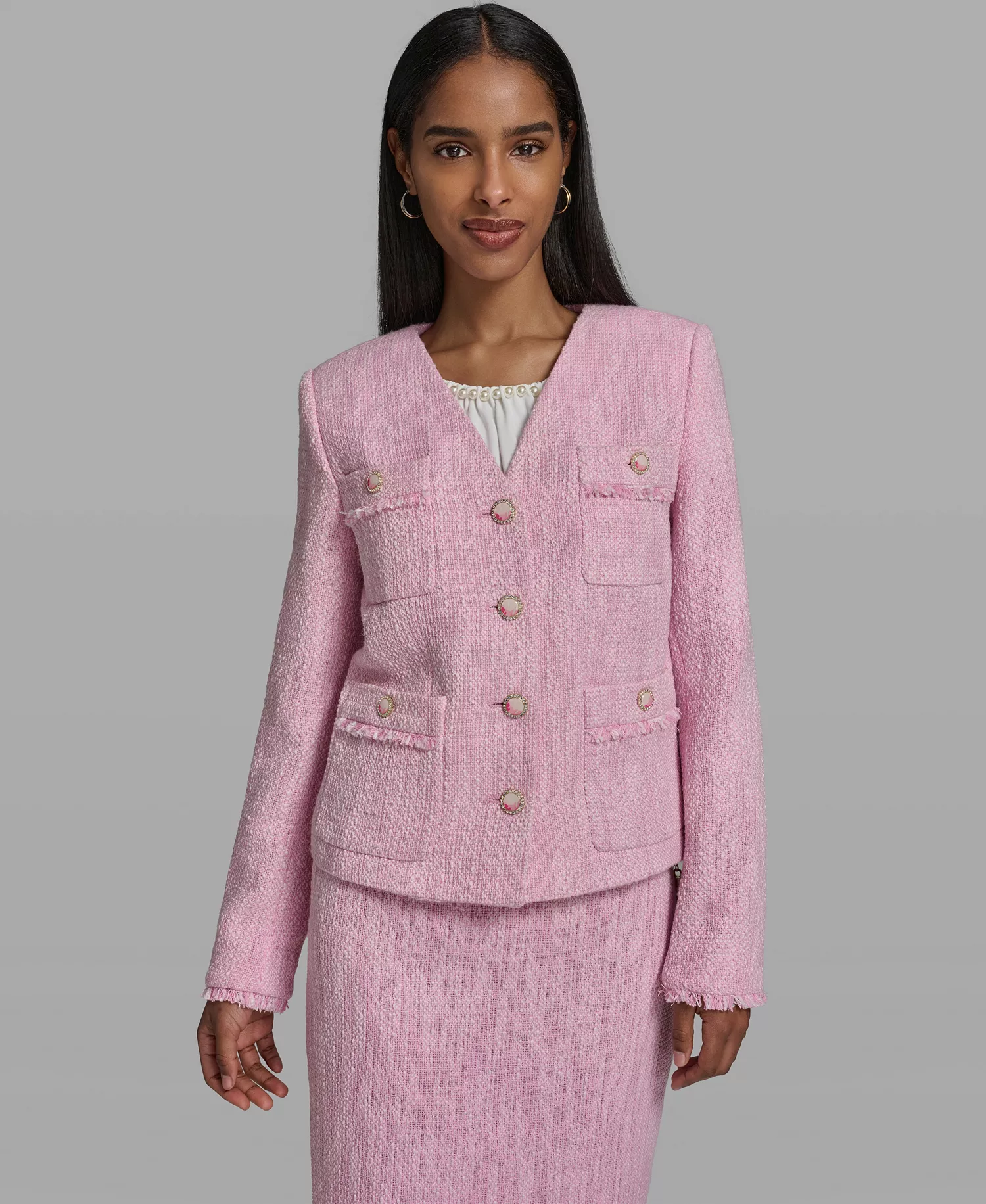 mni-33f66749d9d2b5daaa57be14ab6e2ee8 Women's V-Neck Woven Cropped Jacket, Crewneck Knit Top and Woven Pencil Skirt