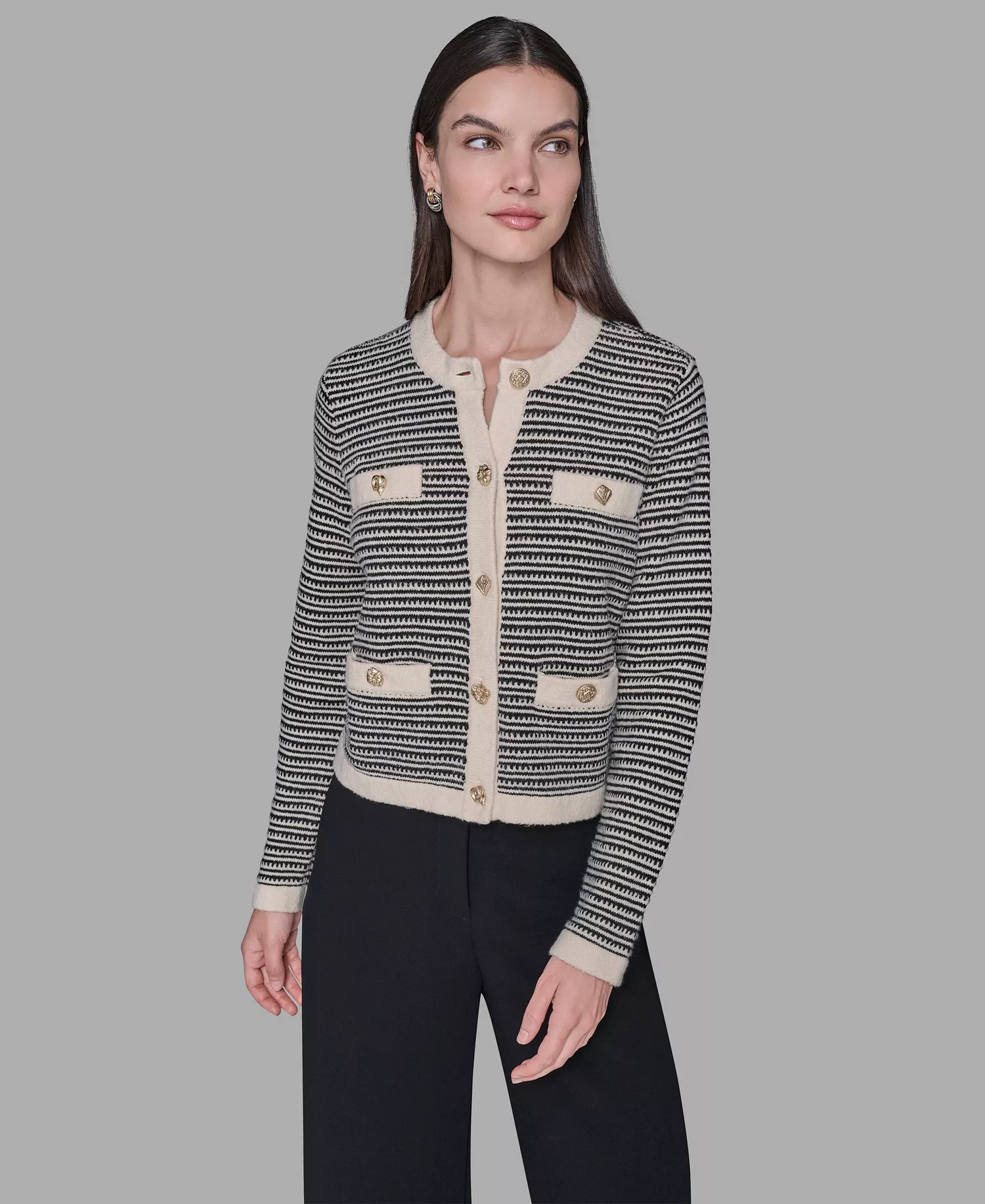 mni-350f3f5644a4f40b111aa8ef976895fa Women's Striped Crewneck Cardigan Sweater