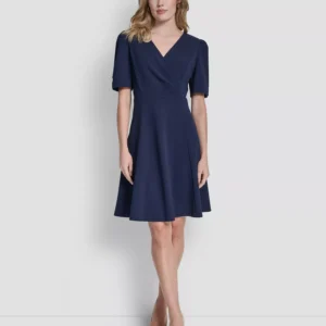 Women's Short-Sleeve V-Neck Fit and Flare Scuba Crepe Dress