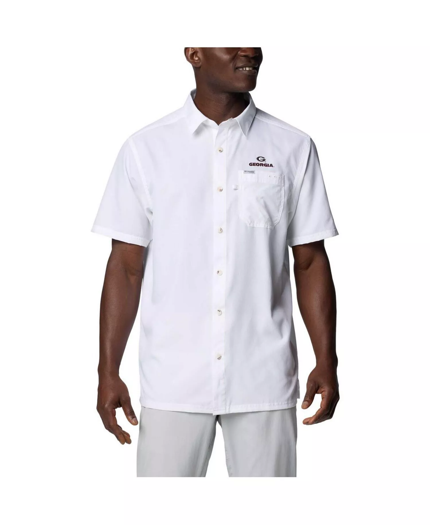 mni-3663027a7f38798e052f465561d12eb4 Men's White Georgia Bulldogs PFG Slack Tide Omni-Shade Button-Up Camp Shirt