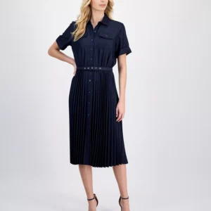 Women's Belted Button-Front Midi Dress