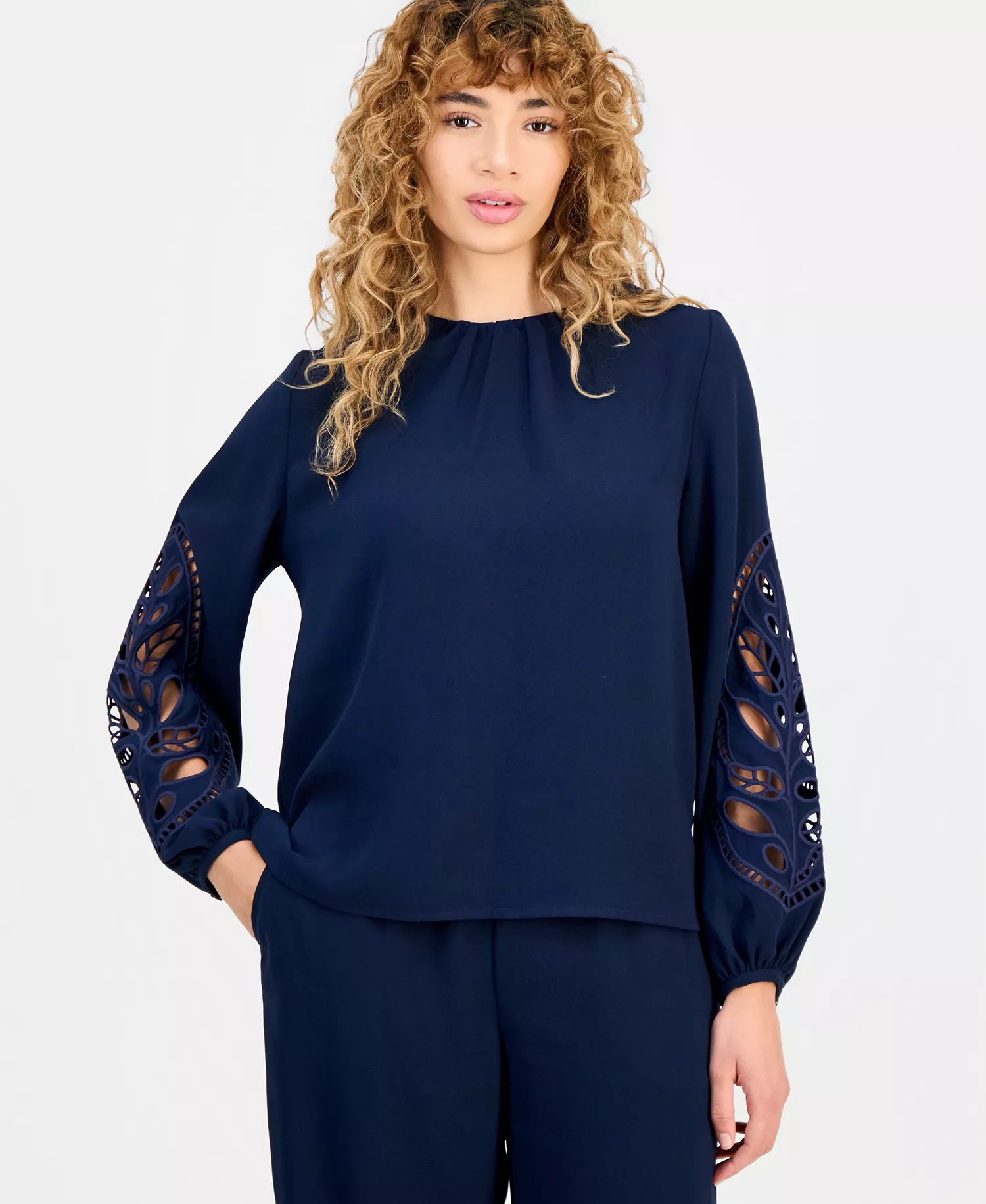 mni-37d401e31eafcac21e7c06a733d7c805 Women's Embroidered-Sleeve Crewneck Blouse