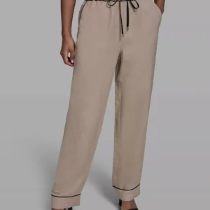 Women's Mid-Rise Contrast Trim Drawstring Pull-On Linen-Blend Pants
