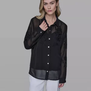 Women's Long-Sleeve Embroidered Flower Blouse
