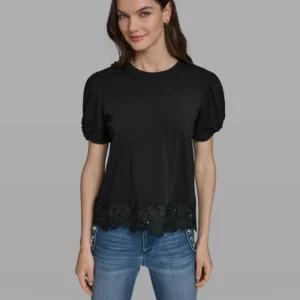 Women's Crew Neck Short-Sleeve Floral Crochet-Trim Top