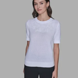 Women's Crewneck Floral Trimmed Sweater