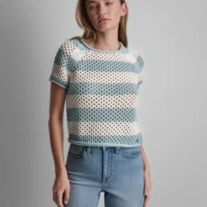 Petite Short-Sleeve Raglan Stripe Crewneck Pointelle Sweater