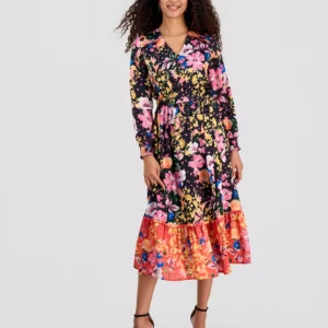 Women's Mixed Floral-Print Tiered Fit & Flare Dress