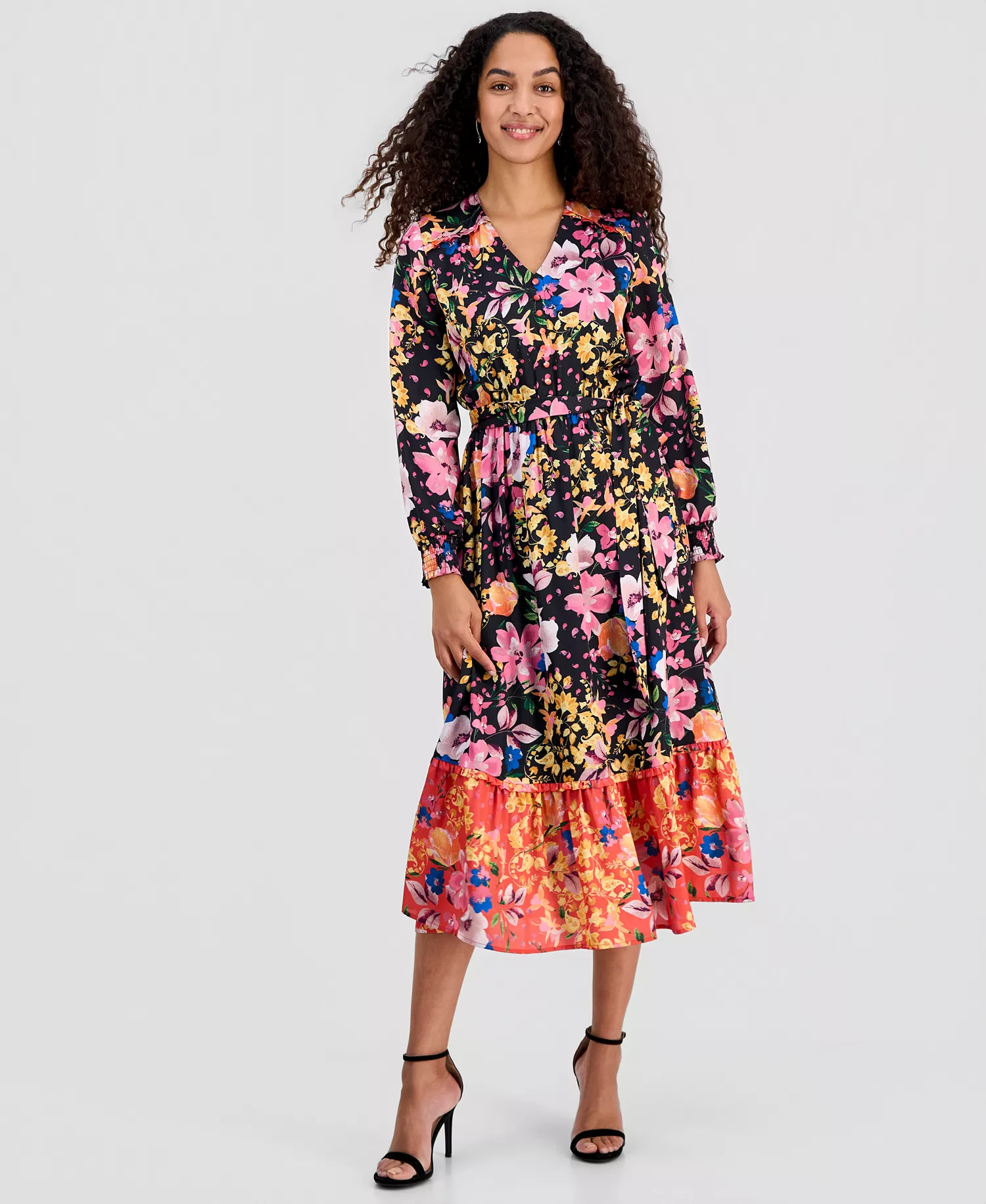 mni-3e3e86510122bfe08775662de17fa7d9 Women's Mixed Floral-Print Tiered Fit & Flare Dress