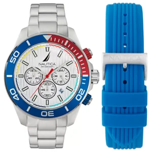 Men's Chronograph Silver-Tone Stainless Steel Watch Set, 48mm