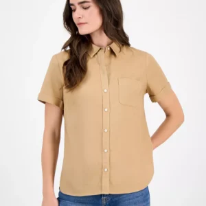 Nautica Women's Solid Short-Sleeve Camp Shirt