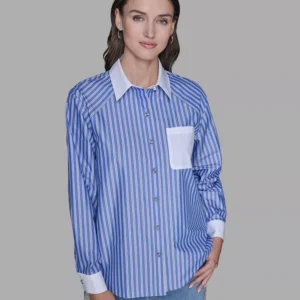 Women's Stripe Contrast Front Button Collar Blouse