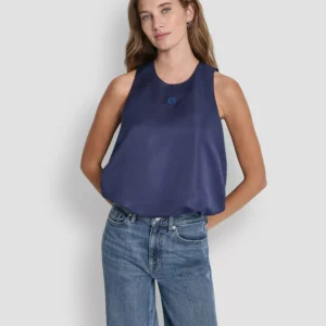 Women's Sleeveless Rhinestone Button Bubble Top