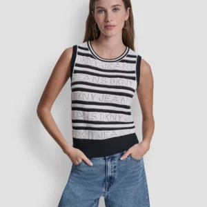 Women's Sleeveless Logo Pointelle Striped Sweater