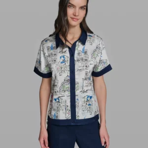 Women's Short-Sleeve Collared Printed Camp Shirt
