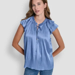 Women's Short-Sleeve Pleated Tie-Front Blouse