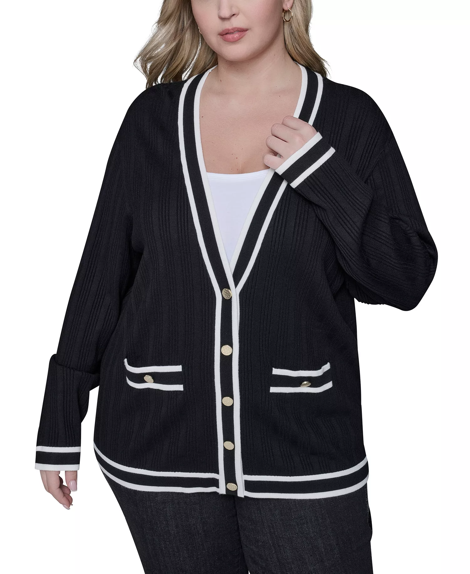 mni-44e527b42b8b6dbe711d8d5628b068d0 Women's Plus Size V-Neck Button Front Cardigan