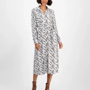Women's Horse-Print Button-Front Long-Sleeve Dress
