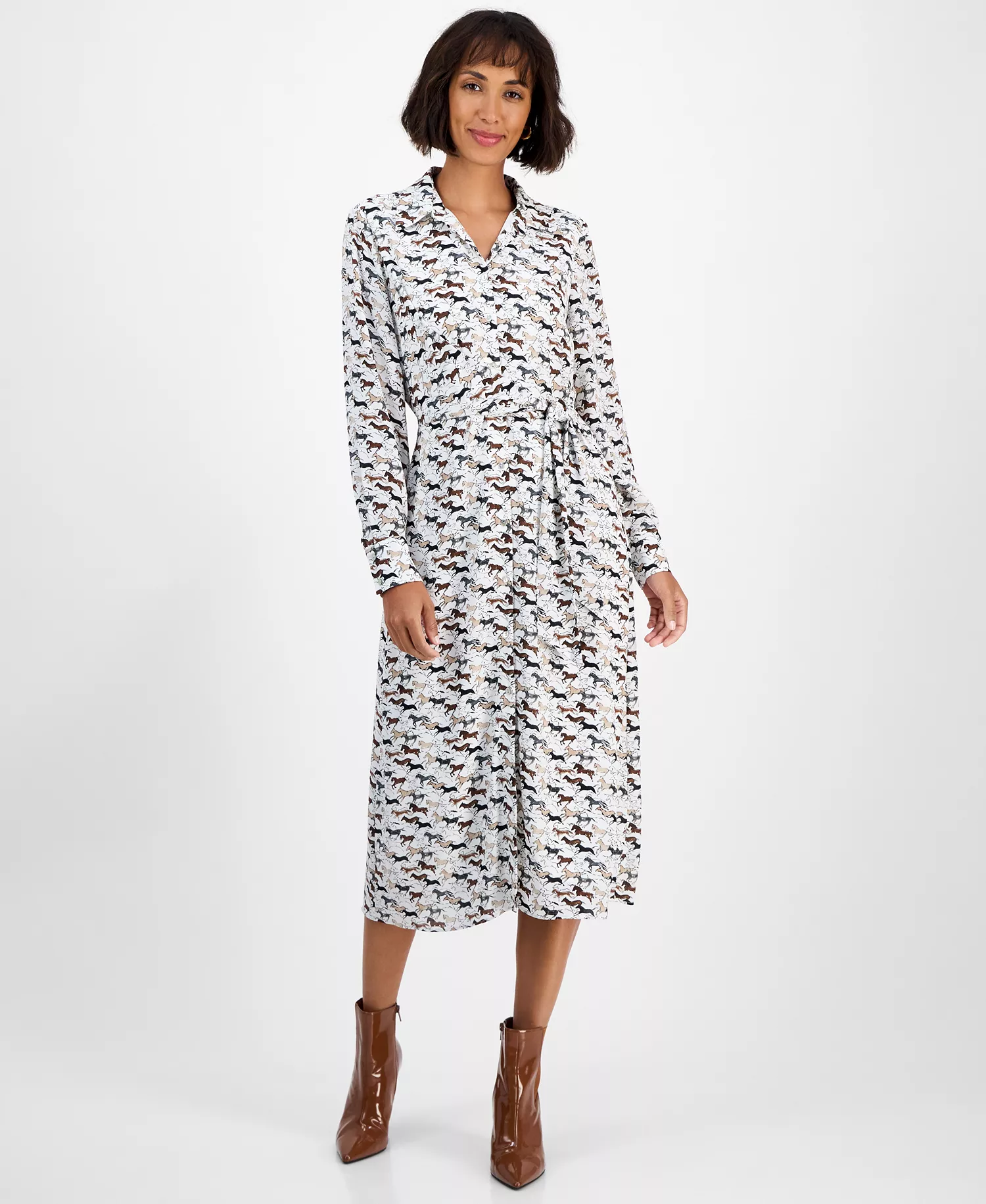mni-453f2f59ac3a57bc41beb90745ef2d77 Women's Horse-Print Button-Front Long-Sleeve Dress
