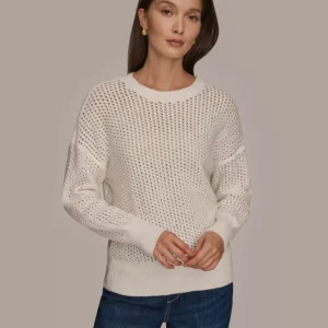 Women's Bracelet Sleeve Open Stitch Cotton Blend Crewneck Sweater