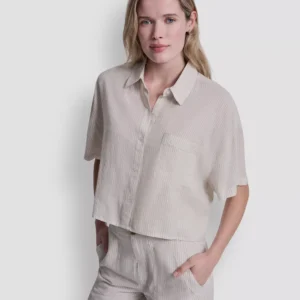 Women's Oversized Linen-Blend Cropped Short Sleeve Shirt