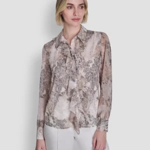 Women's Printed Ruffle Front Long-Sleeve Collared Blouse