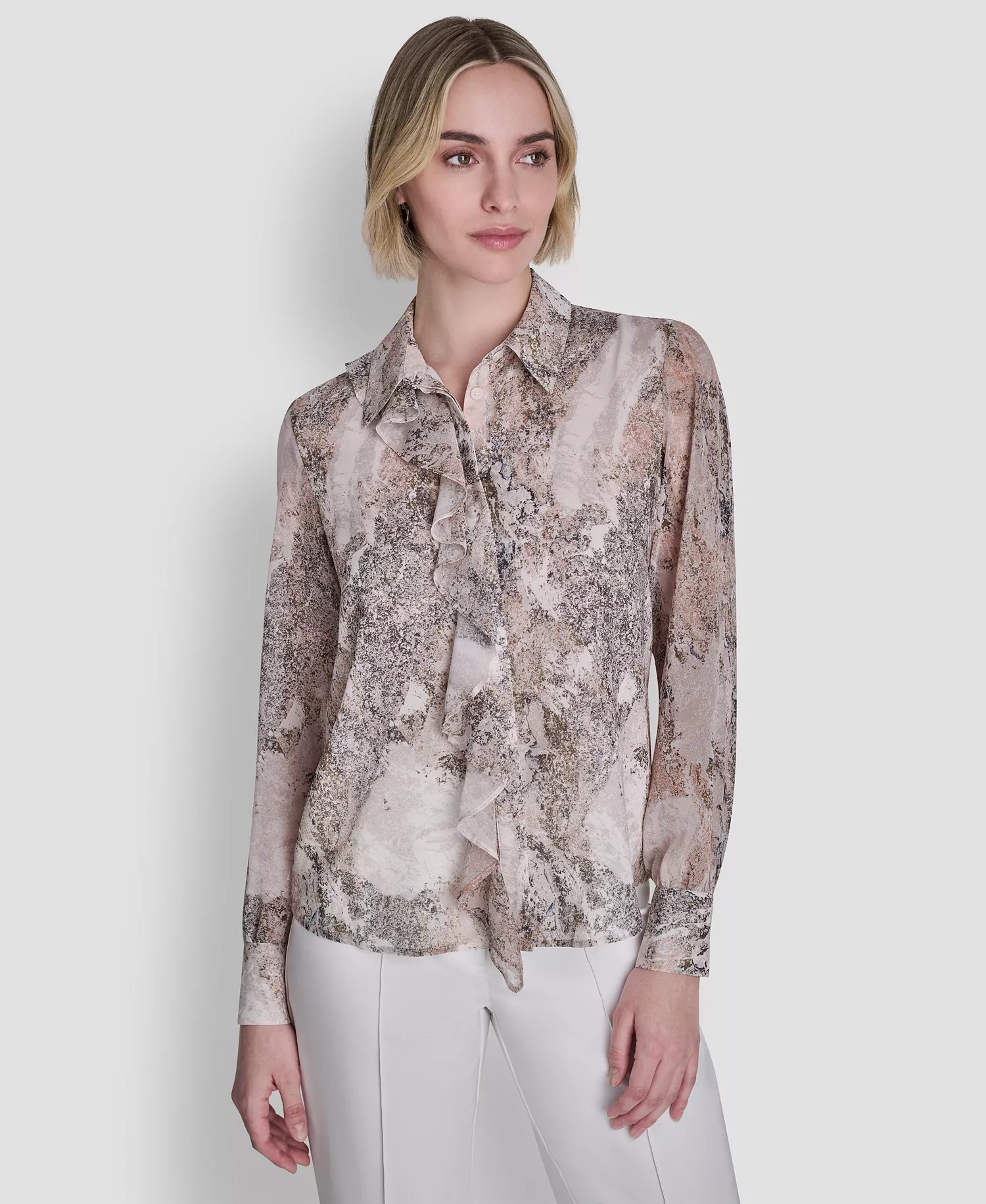mni-4747ebc90722d6e9f2ae61b319fd7dfd Women's Printed Ruffle Front Long-Sleeve Collared Blouse