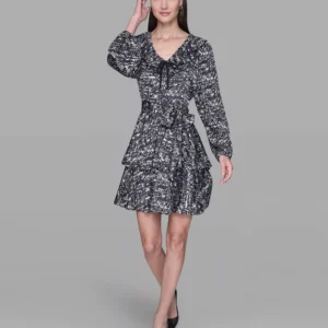 Women's Printed Satin Ruffle V-Neck Dress