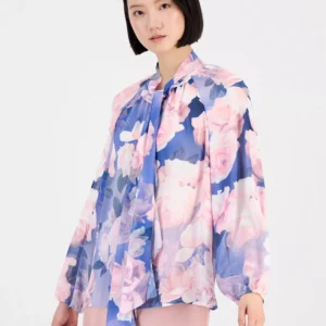 Petite Printed Ruffle Tie Blouse