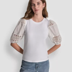Women's Crew Neck Lace Eyelet Pull-On Top