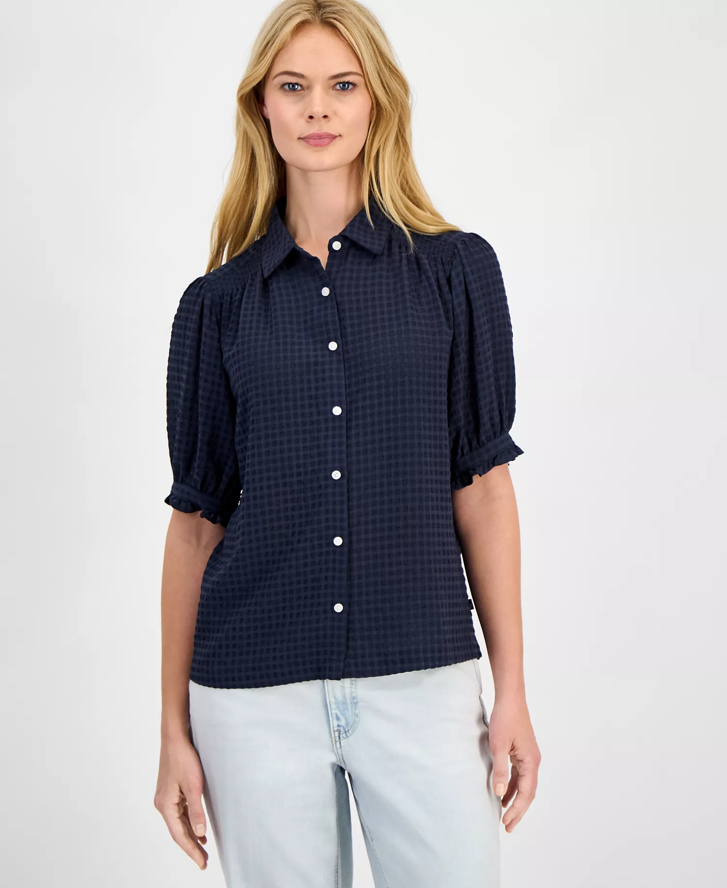 mni-4cf9ef07d380cc65a2cb8a0dd340d35f Women's Checked Short-Sleeve Smocked Blouse — изображение 3