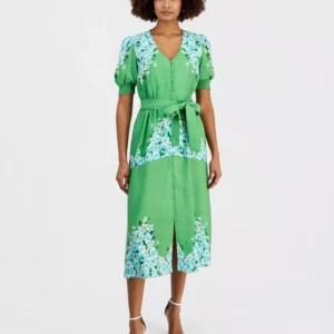 Women's Belted Printed Button-Front Midi Dress