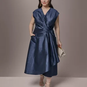 Plus Size Shantung Fit And Flare V-Neck Wrap Dress