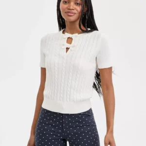 Nautica Women's Bow Cable-Knit Short-Sleeve Sweater