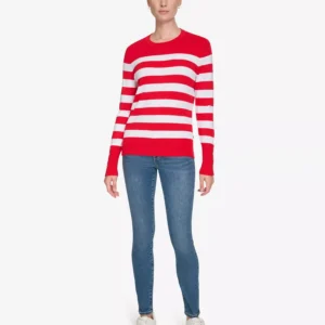 Nautica Women's Crewneck Stripe Sweater with Button Sleeve