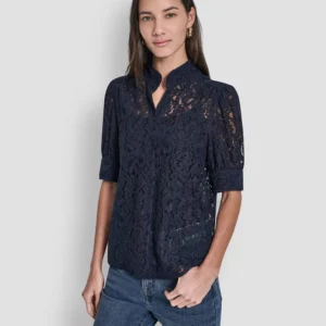 Women's Lace Puff Sleeve Stand Collar Shirt
