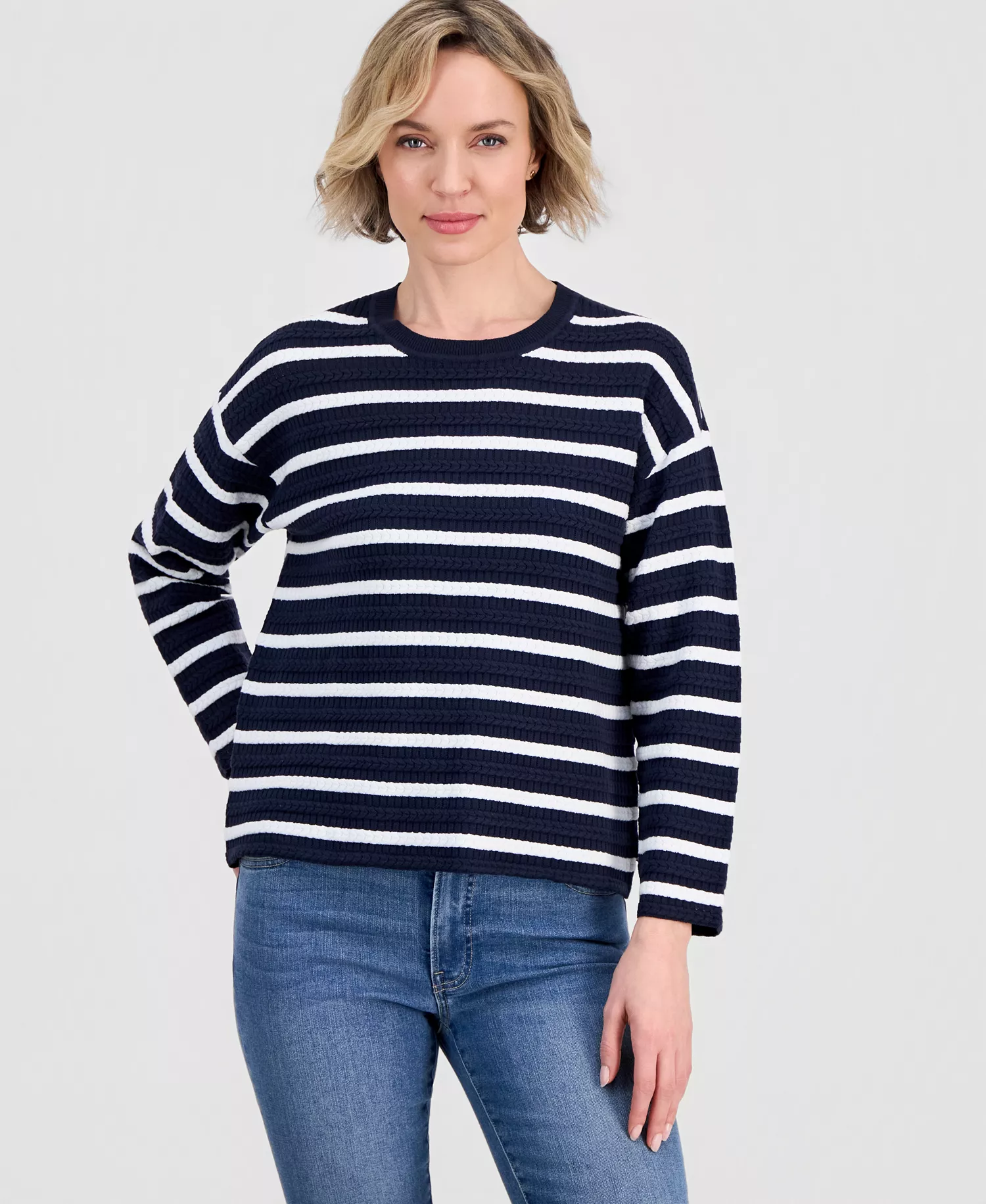 mni-5444d17ee22f1e2f0234c9aab9a320b1 Jeans Women's Striped Braided Pointelle Sweater — изображение 3